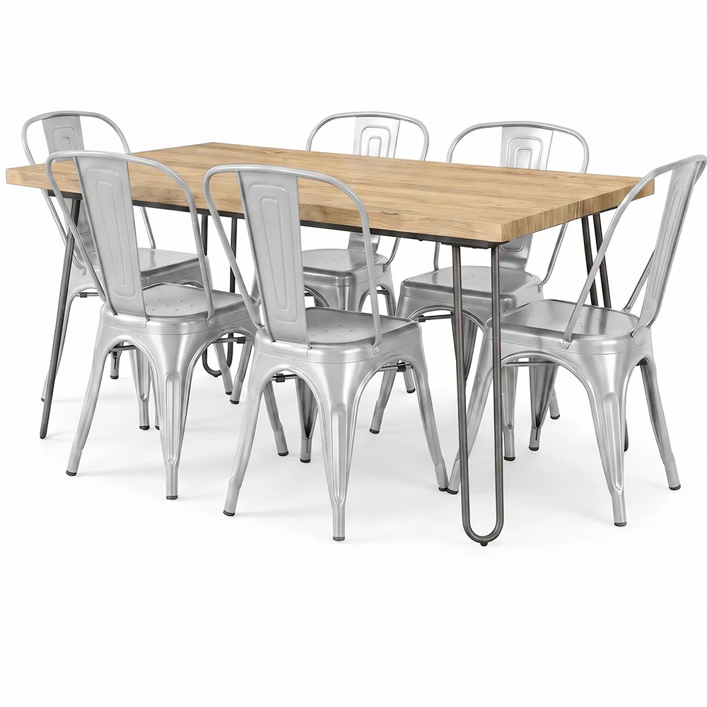 Pack Eettafel - Industrieel Ontwerp 150cm + Set van 6 Eetkamerstoelen - Industrieel Ontwerp - Hairpin Stylix image 8