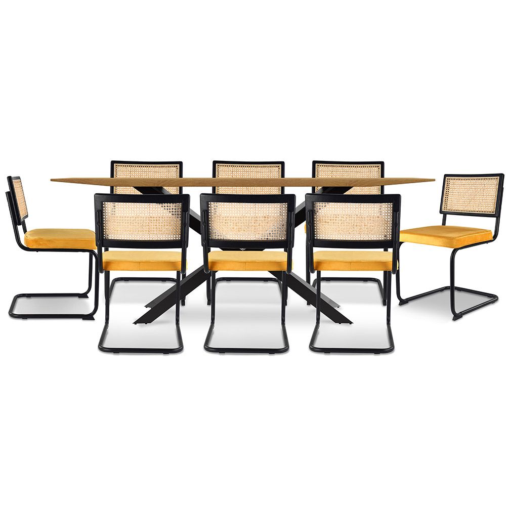 Pack Mesa de Comedor Diseño Industrial de Madera (220cm) & 8 Sillas de Comedor de Ratán Tapizado en Terciopelo - Puila image 8