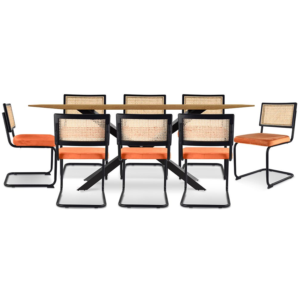Pack Mesa de Comedor Diseño Industrial de Madera (220cm) & 8 Sillas de Comedor de Ratán Tapizado en Terciopelo - Puila image 8