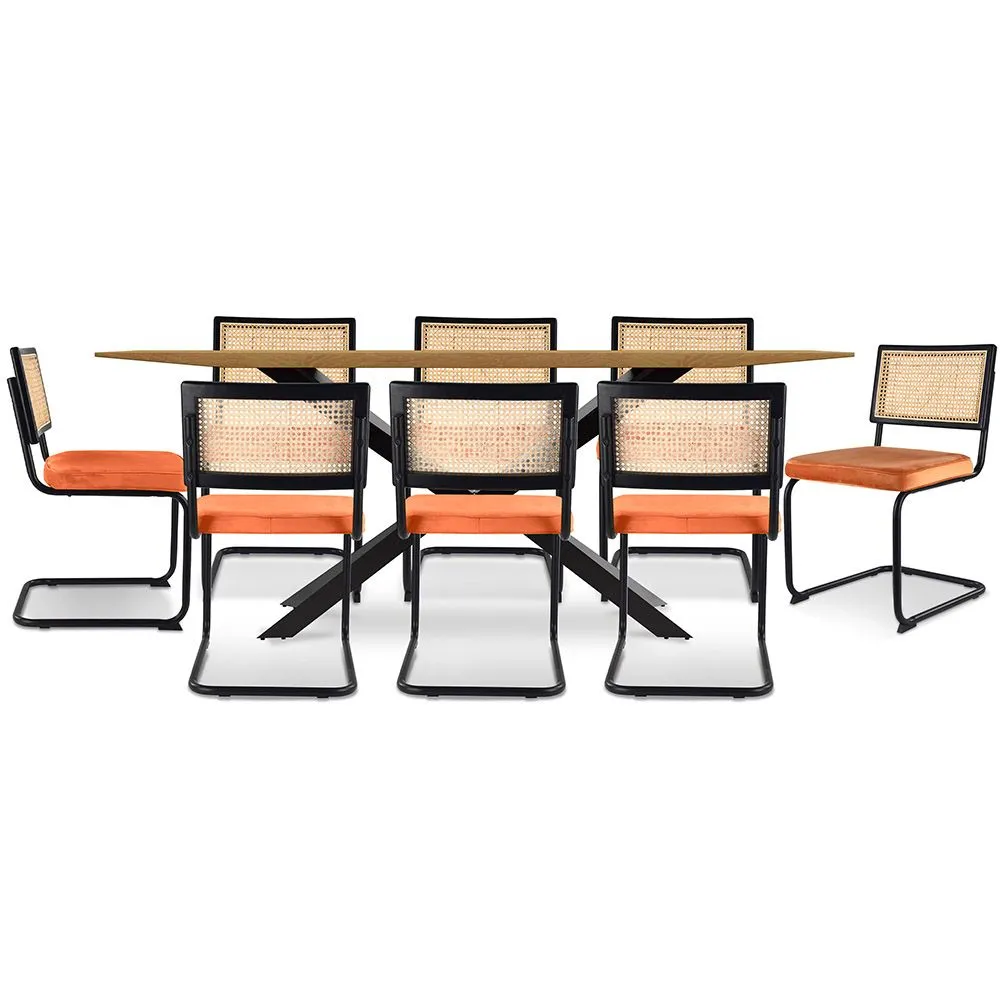 Pack Mesa de Comedor Diseño Industrial de Madera (220cm) & 8 Sillas de Comedor de Ratán Tapizado en Terciopelo - Puila image 8