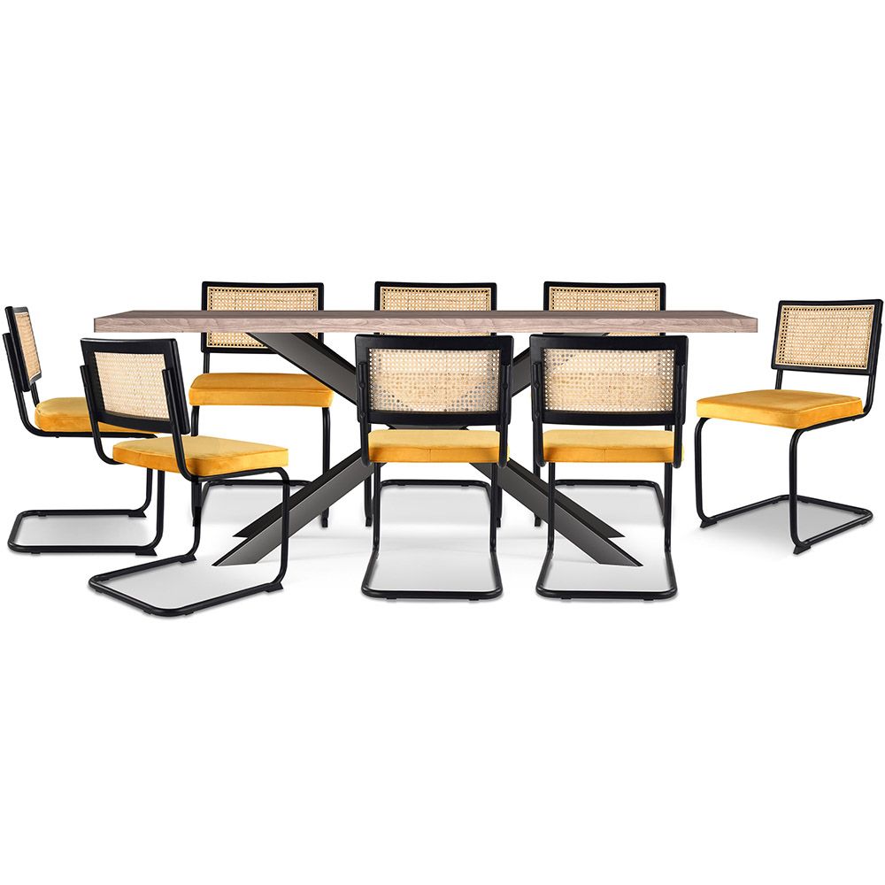 Pakket Industrieel ontwerp houten eettafel (200cm) & 8 rotan eetkamerstoelen - bekleed met fluweel - Puila image 8
