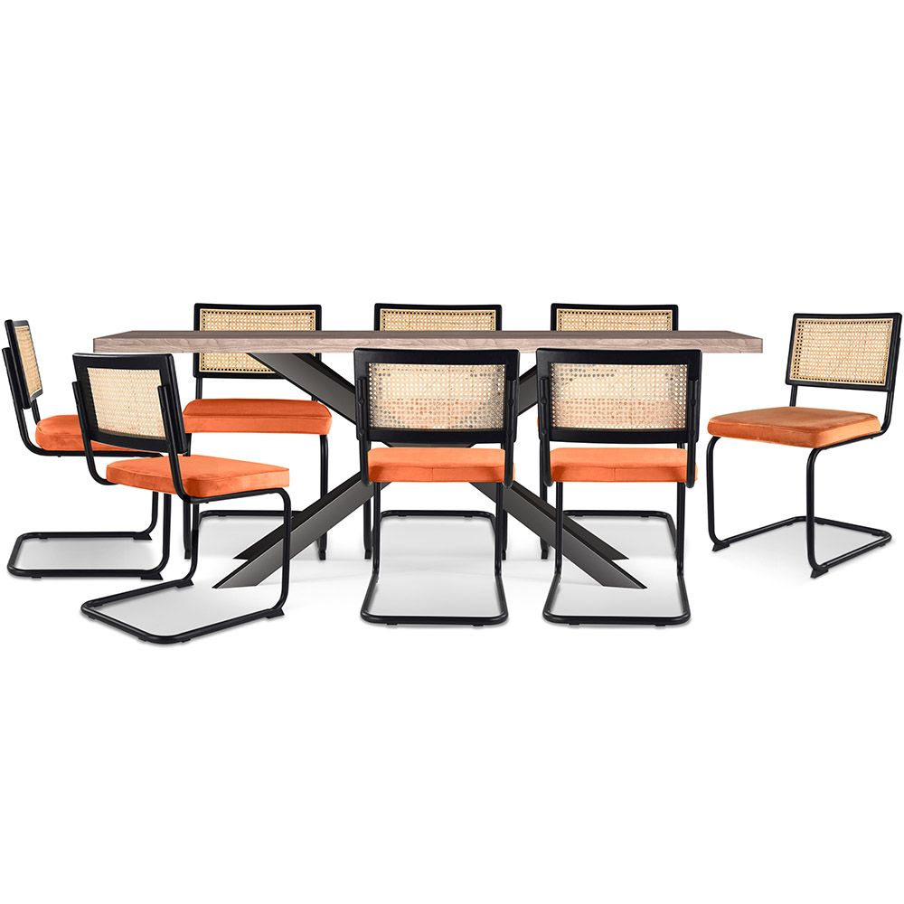 Pakket Industrieel ontwerp houten eettafel (200cm) & 8 rotan eetkamerstoelen - bekleed met fluweel - Puila image 8