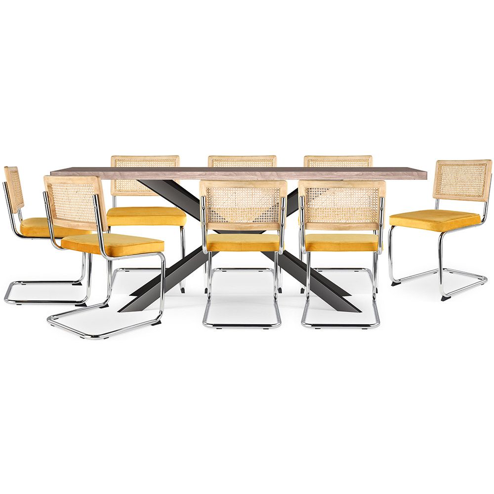 Pack Industrial Design houten eettafel (200cm) & 8 rotan eetkamerstoelen - bekleed met fluweel - Martha image 8
