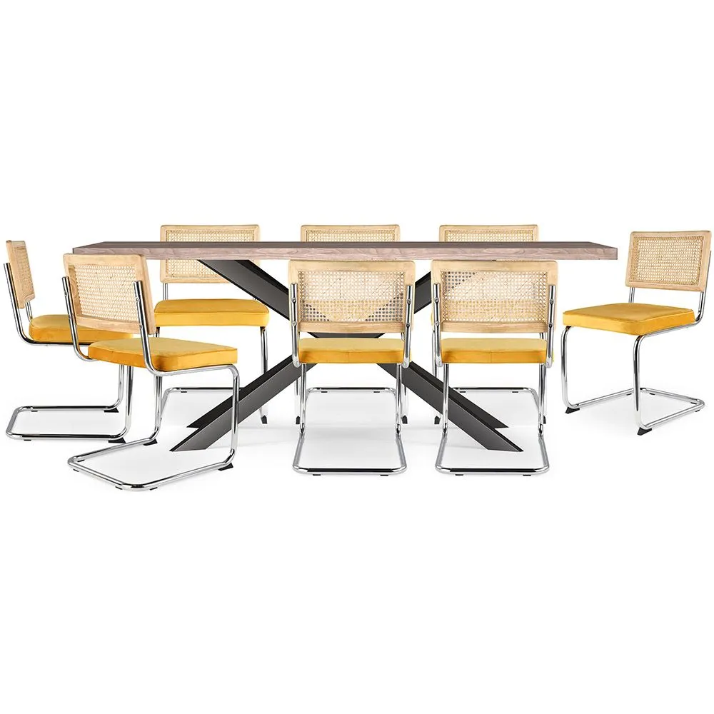 Pack Industrial Design houten eettafel (200cm) & 8 rotan eetkamerstoelen - bekleed met fluweel - Martha image 8