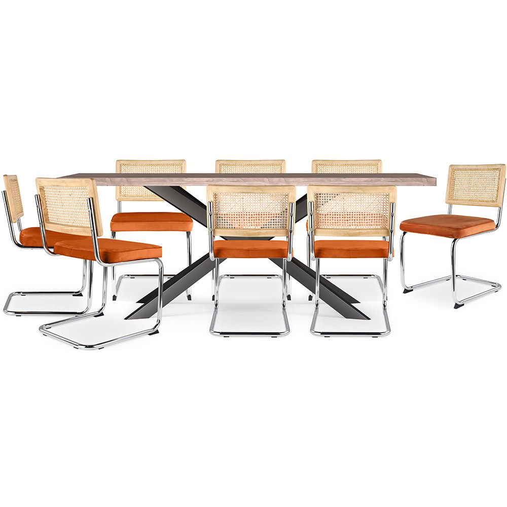 Pack Industrial Design houten eettafel (200cm) & 8 rotan eetkamerstoelen - bekleed met fluweel - Martha image 8