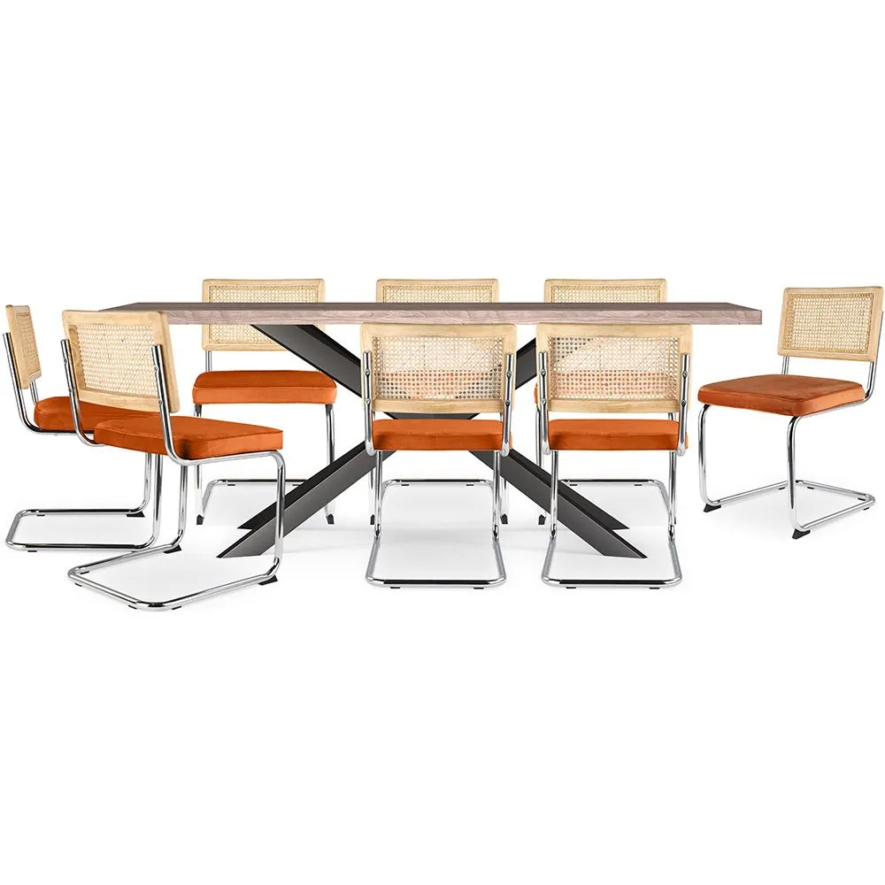 Pack Industrial Design houten eettafel (200cm) & 8 rotan eetkamerstoelen - bekleed met fluweel - Martha image 8
