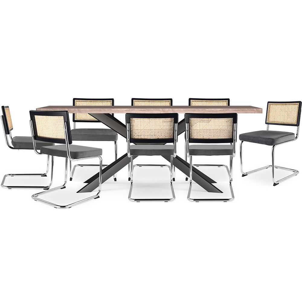 Pack Industrial Design Houten Eettafel (200cm) & 8 Rotan Eetkamerstoelen - Fluwelen Bekleding - Hyre image 8