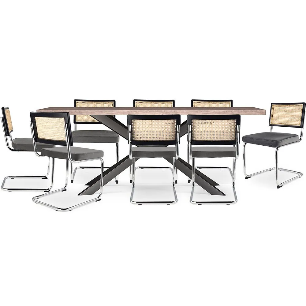 Pack Industrial Design Houten Eettafel (200cm) & 8 Rotan Eetkamerstoelen - Fluwelen Bekleding - Hyre image 8