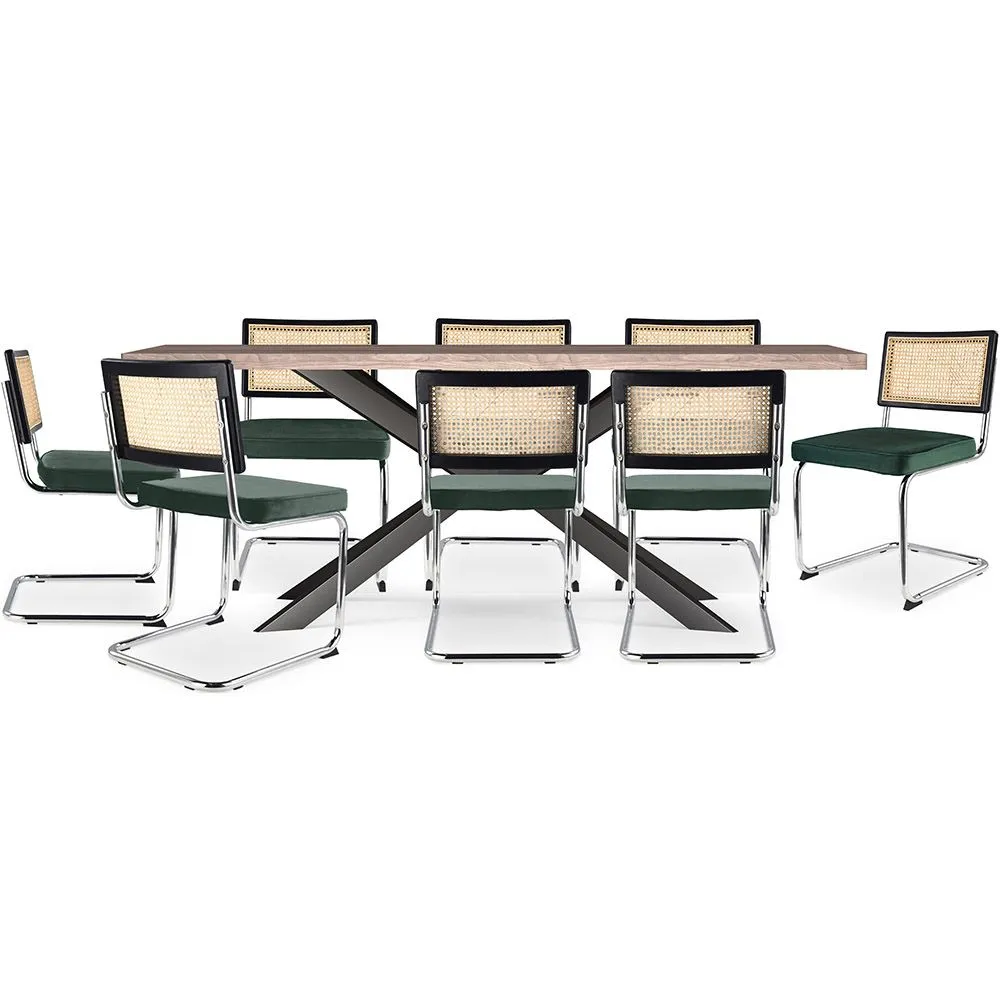 Pack Industrial Design Houten Eettafel (200cm) & 8 Rotan Eetkamerstoelen - Fluwelen Bekleding - Hyre image 8