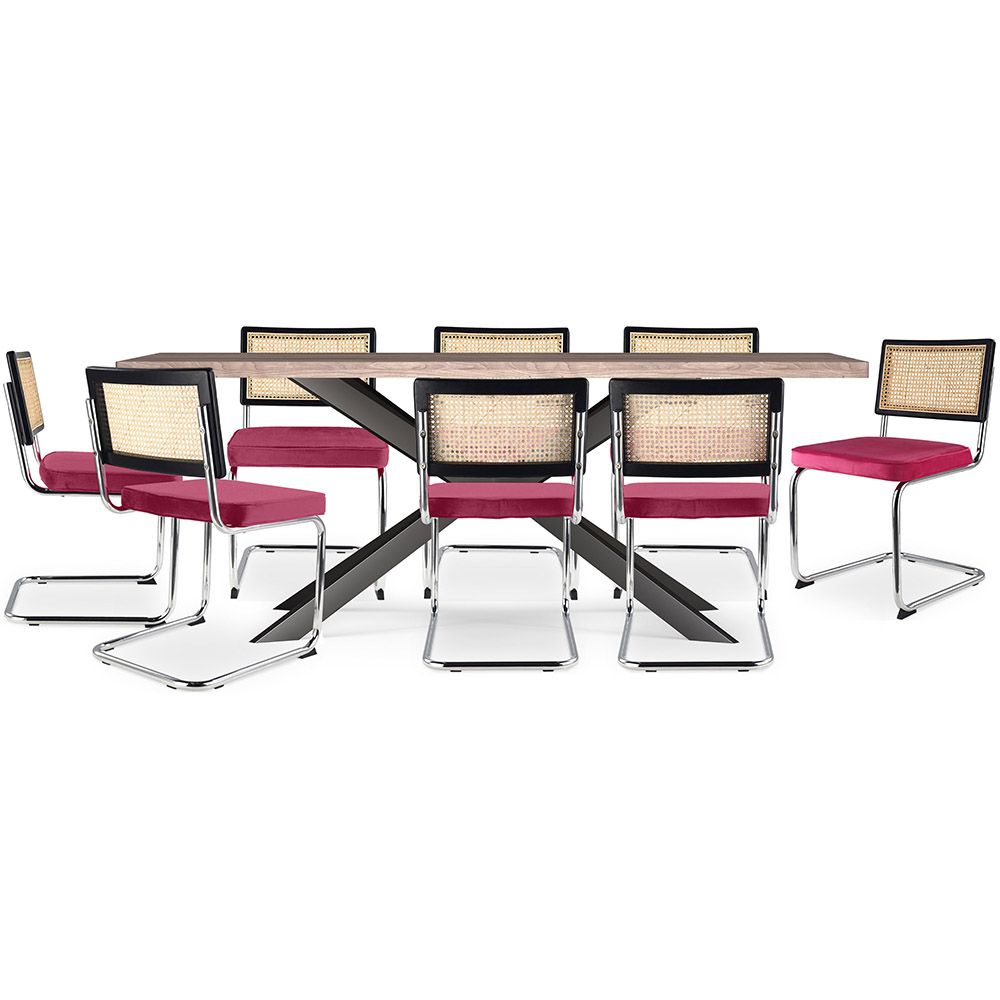 Pack Industrial Design Houten Eettafel (200cm) & 8 Rotan Eetkamerstoelen - Fluwelen Bekleding - Hyre image 8