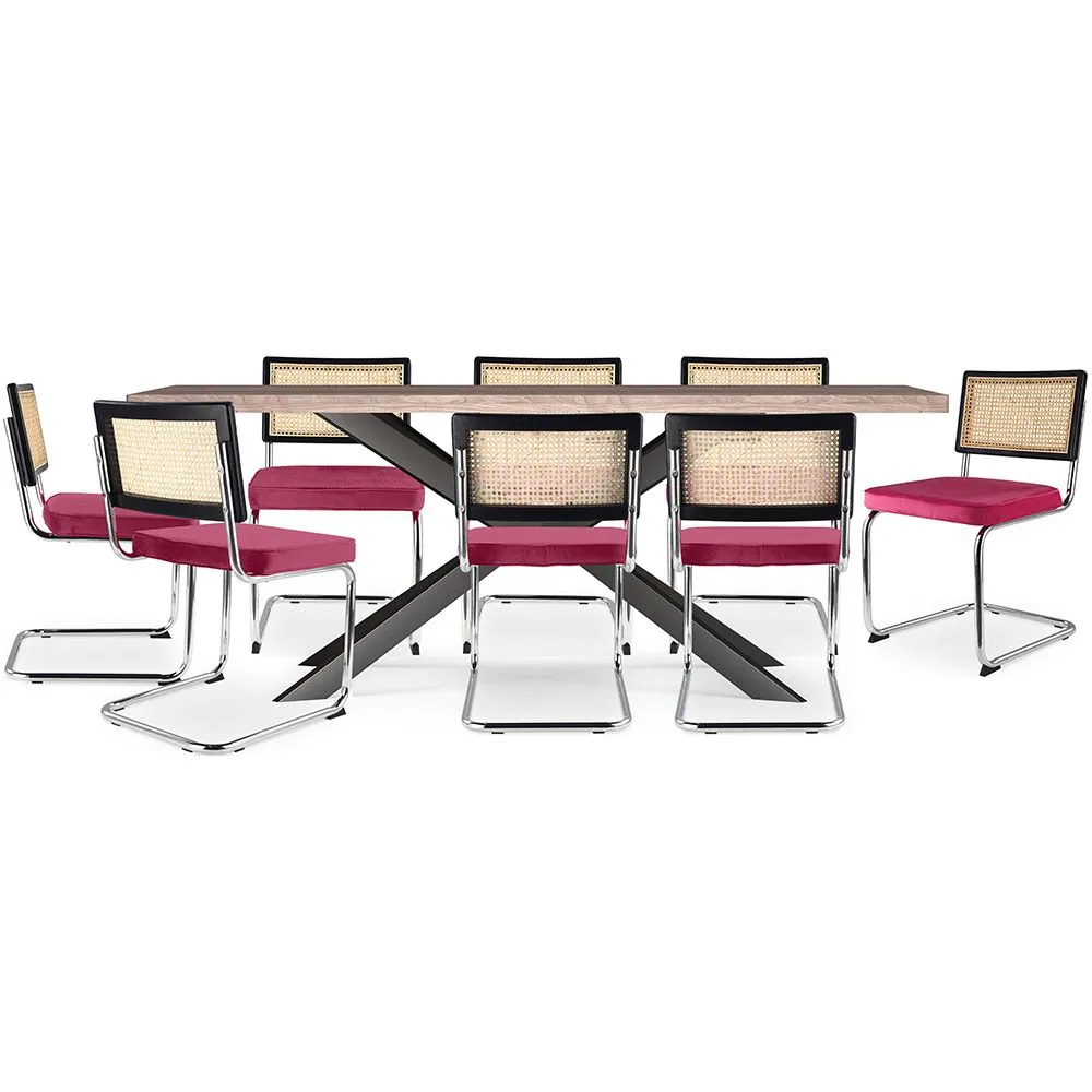 Pack Industrial Design Houten Eettafel (200cm) & 8 Rotan Eetkamerstoelen - Fluwelen Bekleding - Hyre image 8