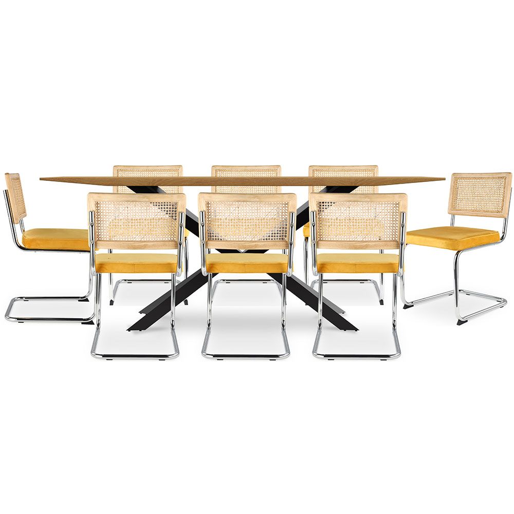 Pakket Industrieel ontwerp houten eettafel (220cm) & 8 rotan eetkamerstoelen - fluwelen bekleding - Martha image 8
