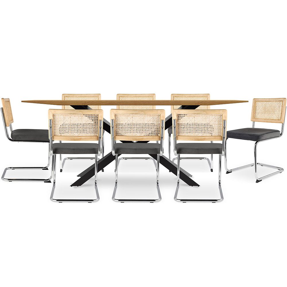 Pakket Industrieel ontwerp houten eettafel (220cm) & 8 rotan eetkamerstoelen - fluwelen bekleding - Martha image 8