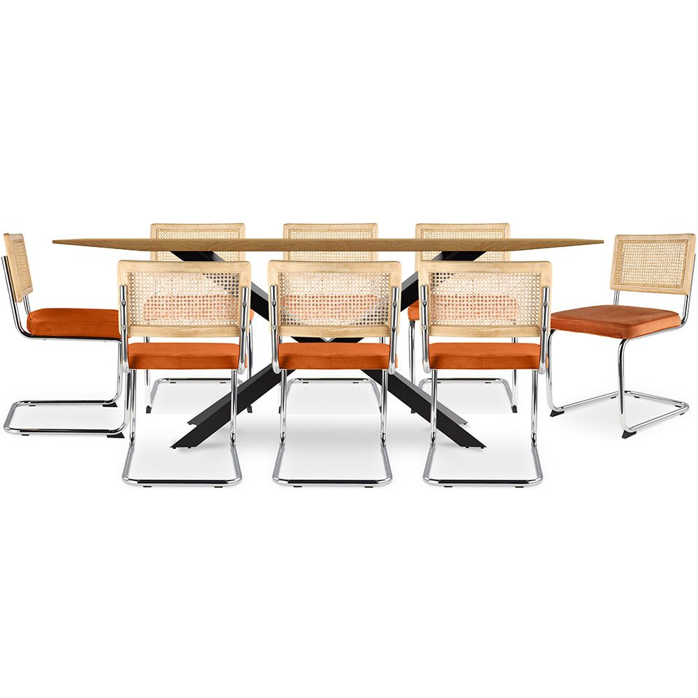 Pakket Industrieel ontwerp houten eettafel (220cm) & 8 rotan eetkamerstoelen - fluwelen bekleding - Martha image 8