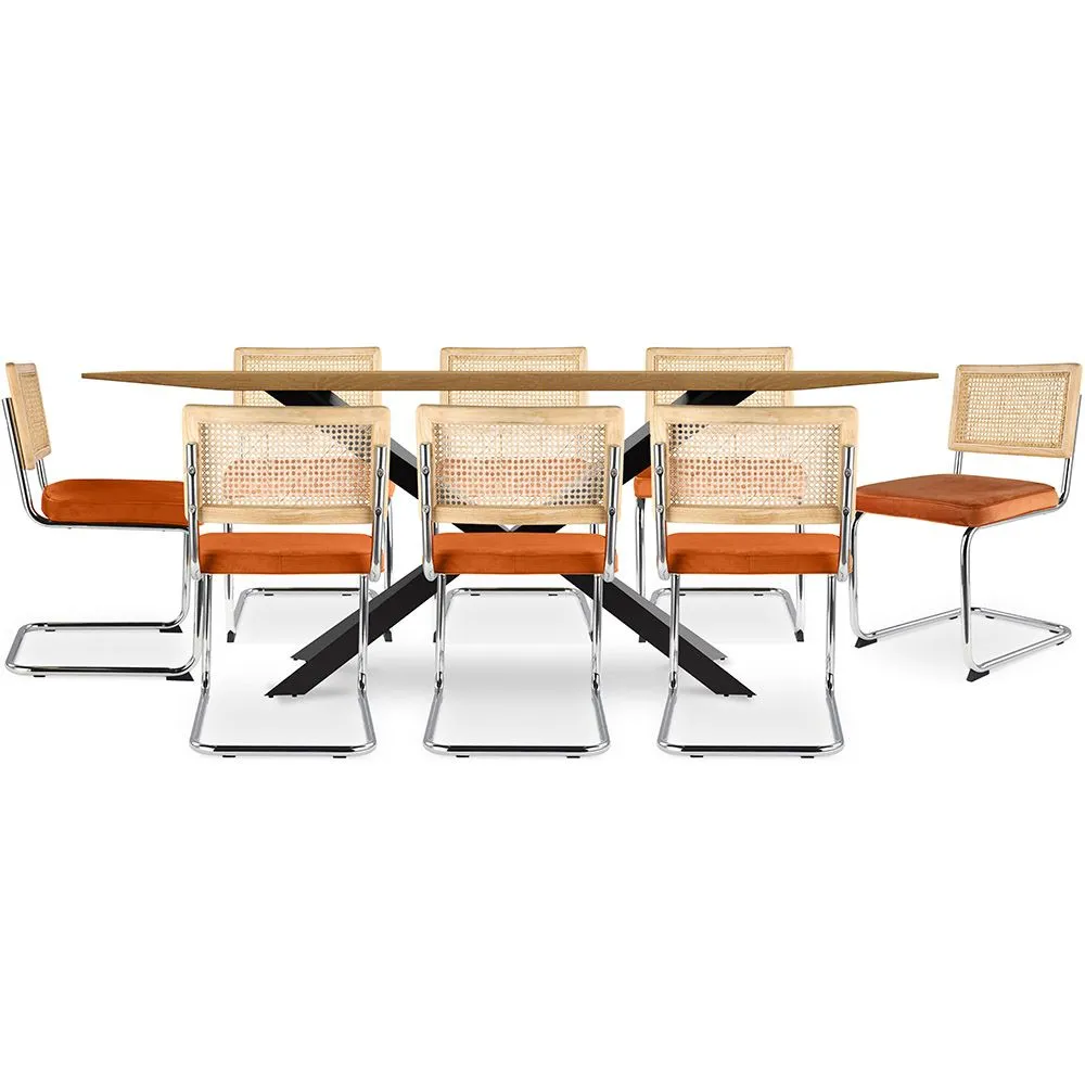 Pakket Industrieel ontwerp houten eettafel (220cm) & 8 rotan eetkamerstoelen - fluwelen bekleding - Martha image 8