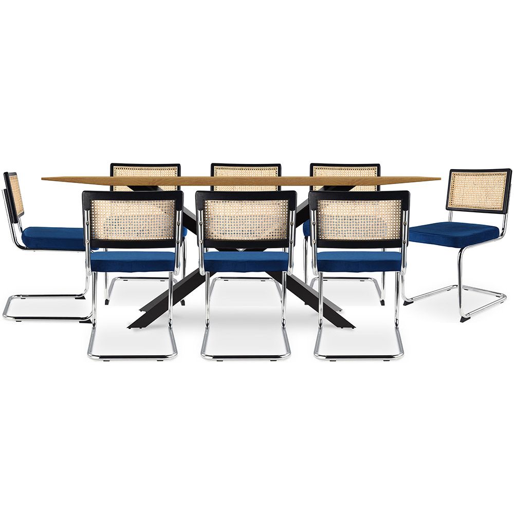 Set Industrieel Design Houten Eettafel (220cm) & 8 Rotan Eetkamerstoelen - Fluwelen Bekleding - Hyre image 8