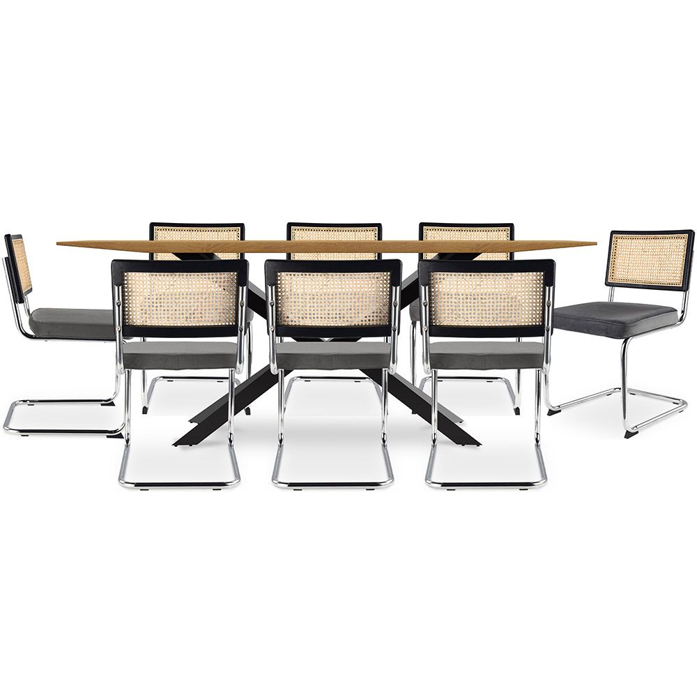 Set Industrieel Design Houten Eettafel (220cm) & 8 Rotan Eetkamerstoelen - Fluwelen Bekleding - Hyre image 8