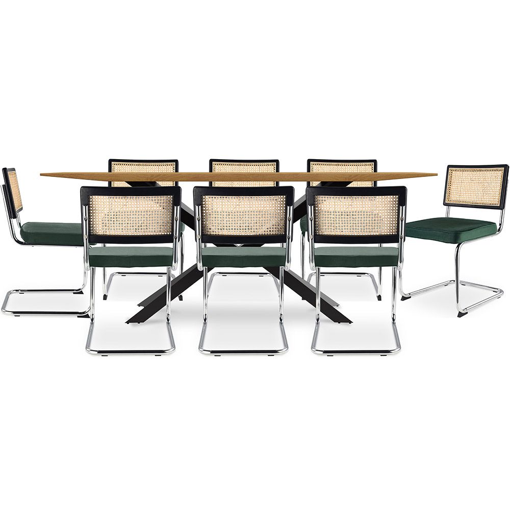 Set Industrieel Design Houten Eettafel (220cm) & 8 Rotan Eetkamerstoelen - Fluwelen Bekleding - Hyre image 8