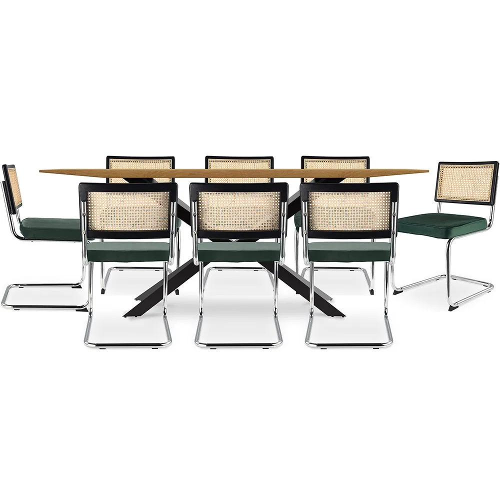 Set Industrieel Design Houten Eettafel (220cm) & 8 Rotan Eetkamerstoelen - Fluwelen Bekleding - Hyre image 8