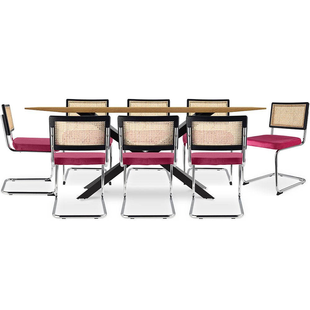 Set Industrieel Design Houten Eettafel (220cm) & 8 Rotan Eetkamerstoelen - Fluwelen Bekleding - Hyre image 8