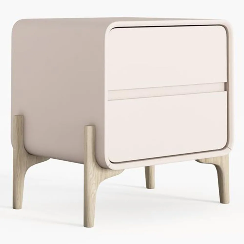 Nachtkastje scandi modern bekleed met kunstleer met 2 lades en poten van natuurlijk hout - Bennis image 8